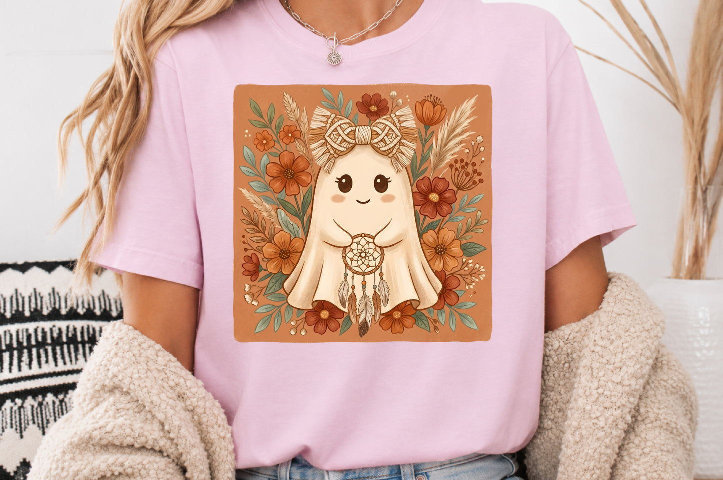Boho Ghost Bow PNG Cute Halloween Ghost Floral Sublimation Design