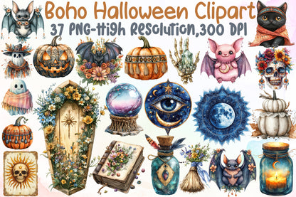 Boho Colorful Halloween Clipart Bundle Spooky PNG