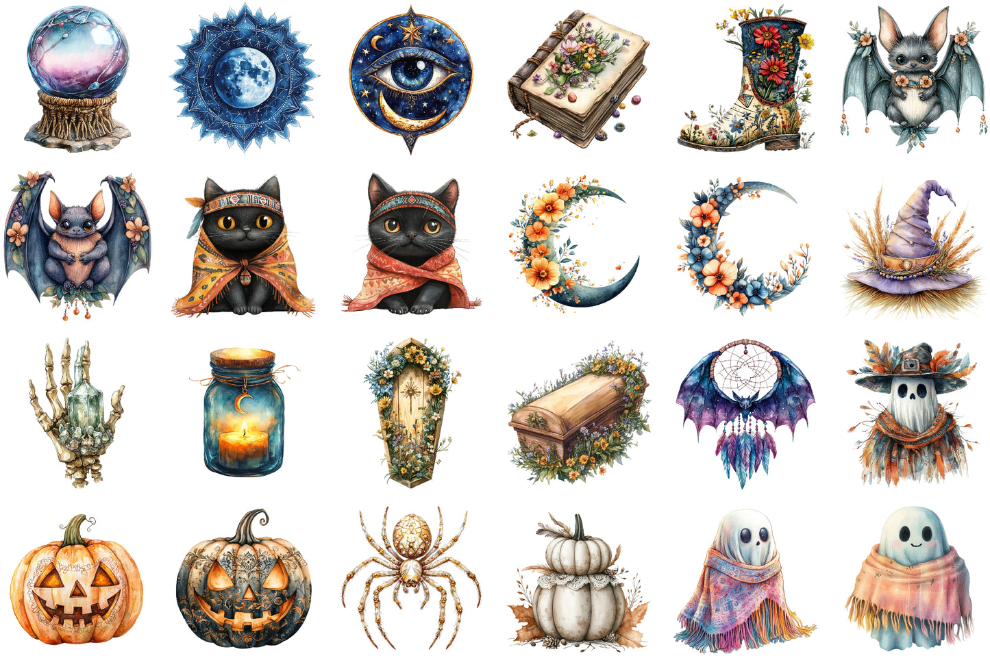 Boho Colorful Halloween Clipart Bundle Spooky PNG