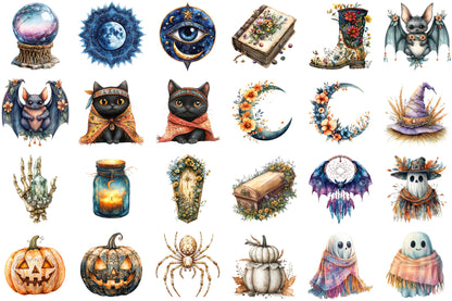 Boho Colorful Halloween Clipart Bundle Spooky PNG