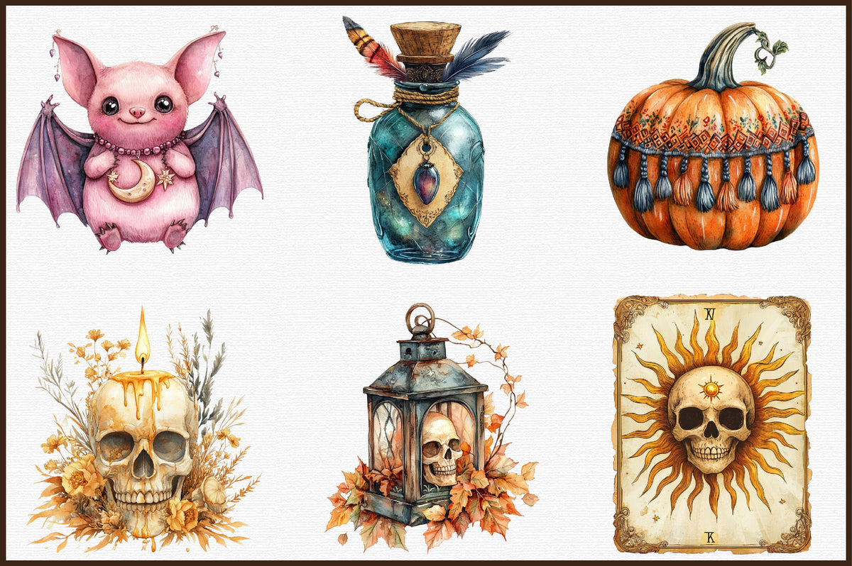 Boho Colorful Halloween Clipart Bundle Spooky PNG