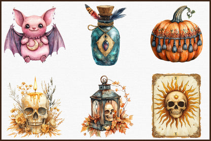 Boho Colorful Halloween Clipart Bundle Spooky PNG