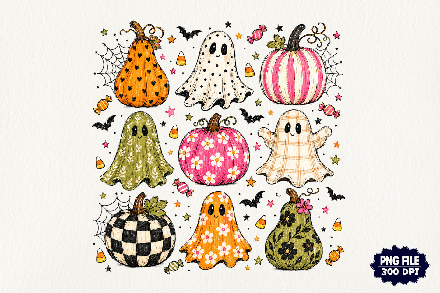 Boho Halloween Ghosts Pumpkins PNG Cute Spooky Fall Sublimation