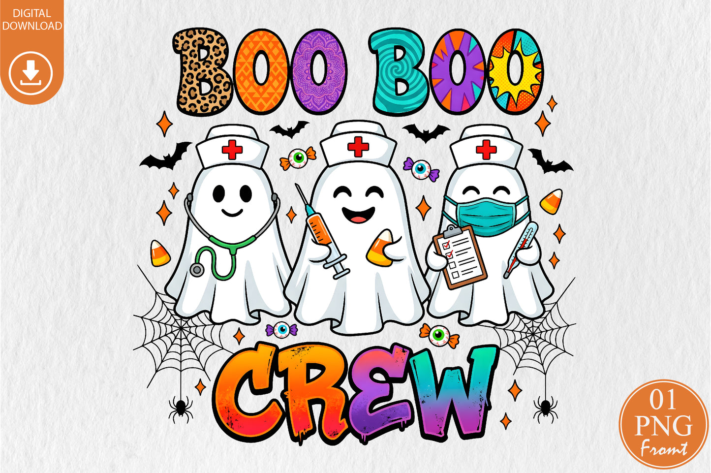 Boo Boo Crew Nurse Ghost Trio Halloween Sublimation PNG Design