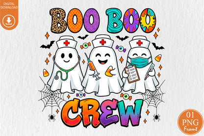 Boo Boo Crew Nurse Ghost Trio Halloween Sublimation PNG Design