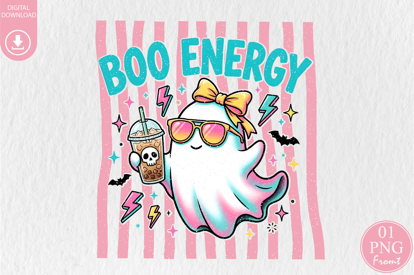 Boo Energy Cute Ghost PNG Retro Halloween Iced Coffee Sublimation Design