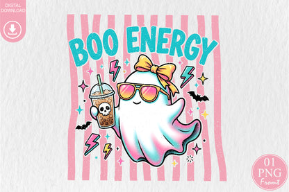 Boo Energy Cute Ghost PNG Retro Halloween Iced Coffee Sublimation Design