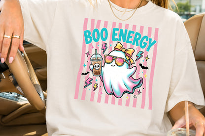 Boo Energy Cute Ghost PNG Retro Halloween Iced Coffee Sublimation Design