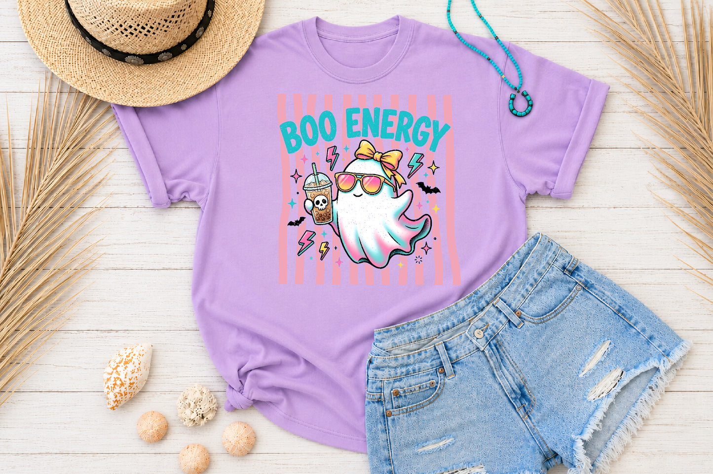 Boo Energy Cute Ghost PNG Retro Halloween Iced Coffee Sublimation Design