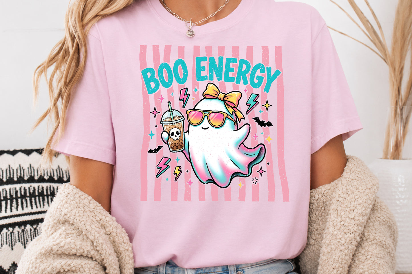 Boo Energy Cute Ghost PNG Retro Halloween Iced Coffee Sublimation Design