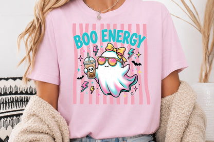 Boo Energy Cute Ghost PNG Retro Halloween Iced Coffee Sublimation Design