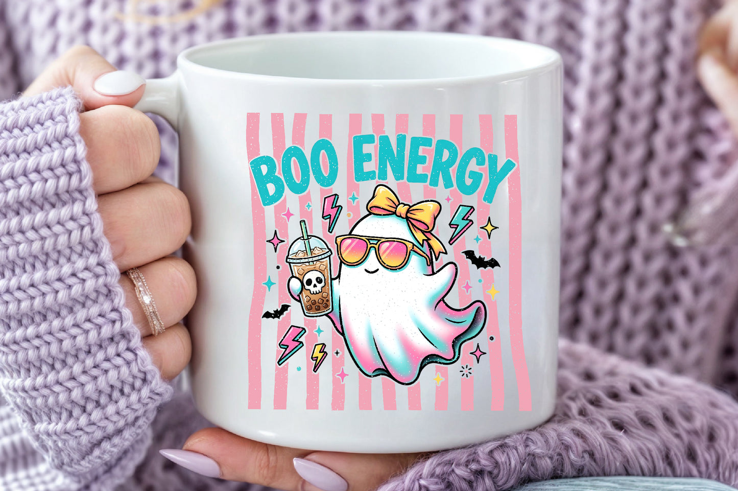 Boo Energy Cute Ghost PNG Retro Halloween Iced Coffee Sublimation Design