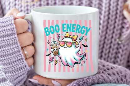 Boo Energy Cute Ghost PNG Retro Halloween Iced Coffee Sublimation Design