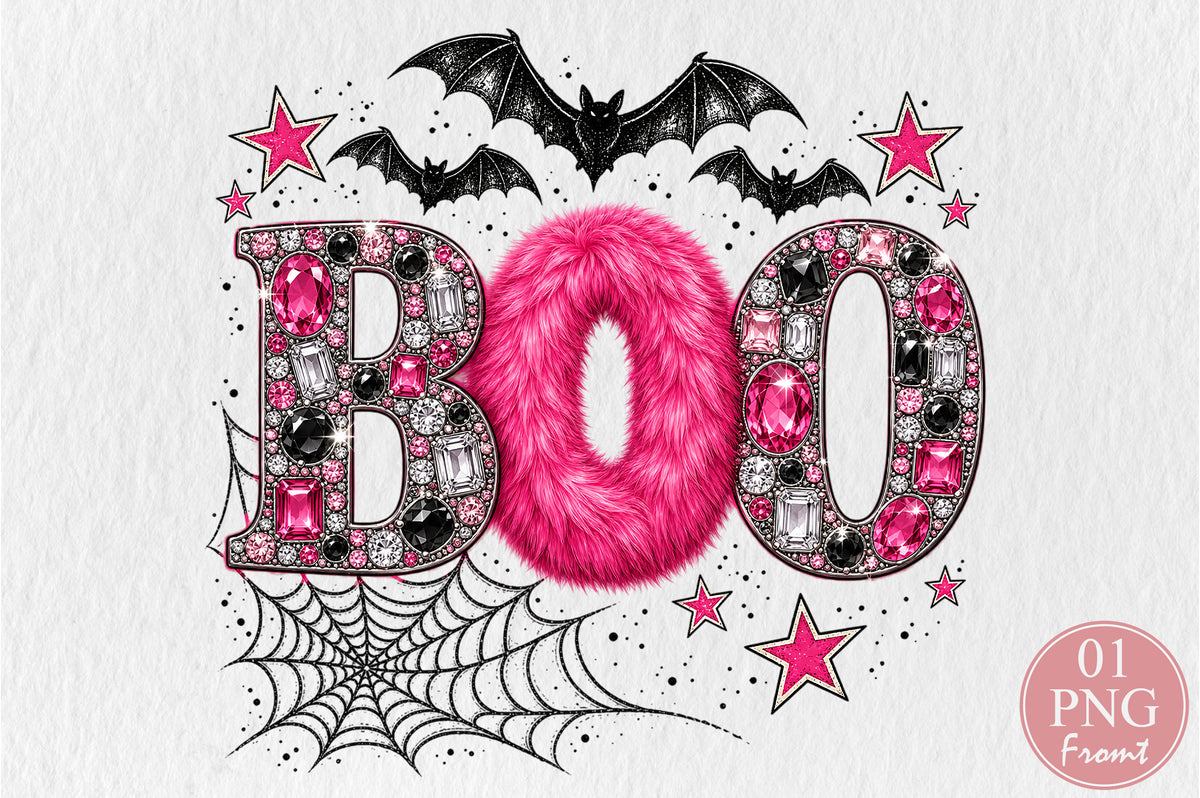 Boo Halloween Rhinestone PNG Pink Spider Bat Web Bling Sublimation