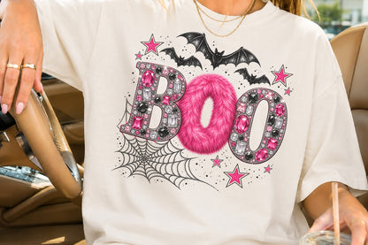 Boo Halloween Rhinestone PNG Pink Spider Bat Web Bling Sublimation