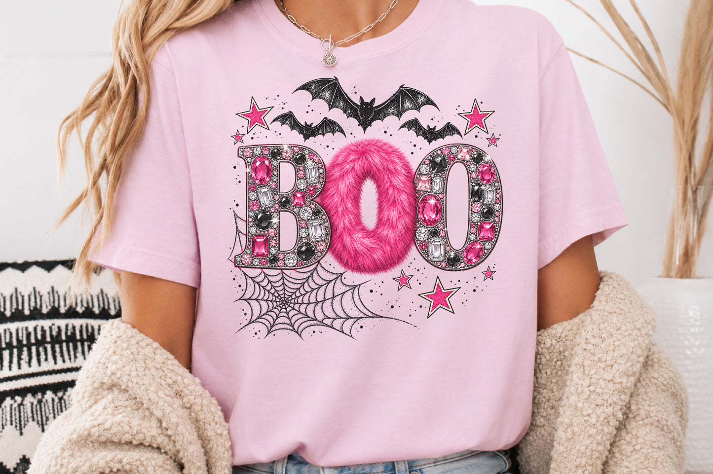 Boo Halloween Rhinestone PNG Pink Spider Bat Web Bling Sublimation