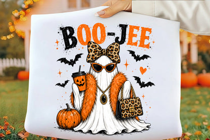 Boo Jee Leopard Ghost PNG | Funny Coquette Halloween Ghost with Leopard Bow & Purse | Spooky Fall Sublimation Design