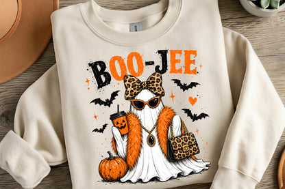 Boo Jee Leopard Ghost PNG | Funny Coquette Halloween Ghost with Leopard Bow & Purse | Spooky Fall Sublimation Design