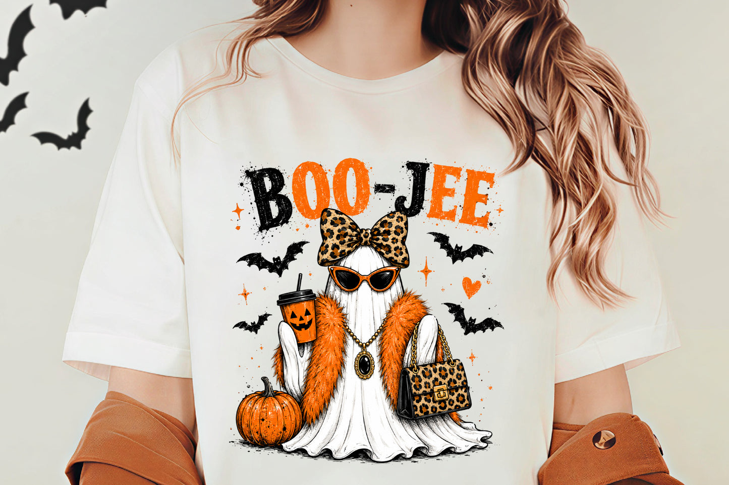 Boo Jee Leopard Ghost PNG | Funny Coquette Halloween Ghost with Leopard Bow & Purse | Spooky Fall Sublimation Design
