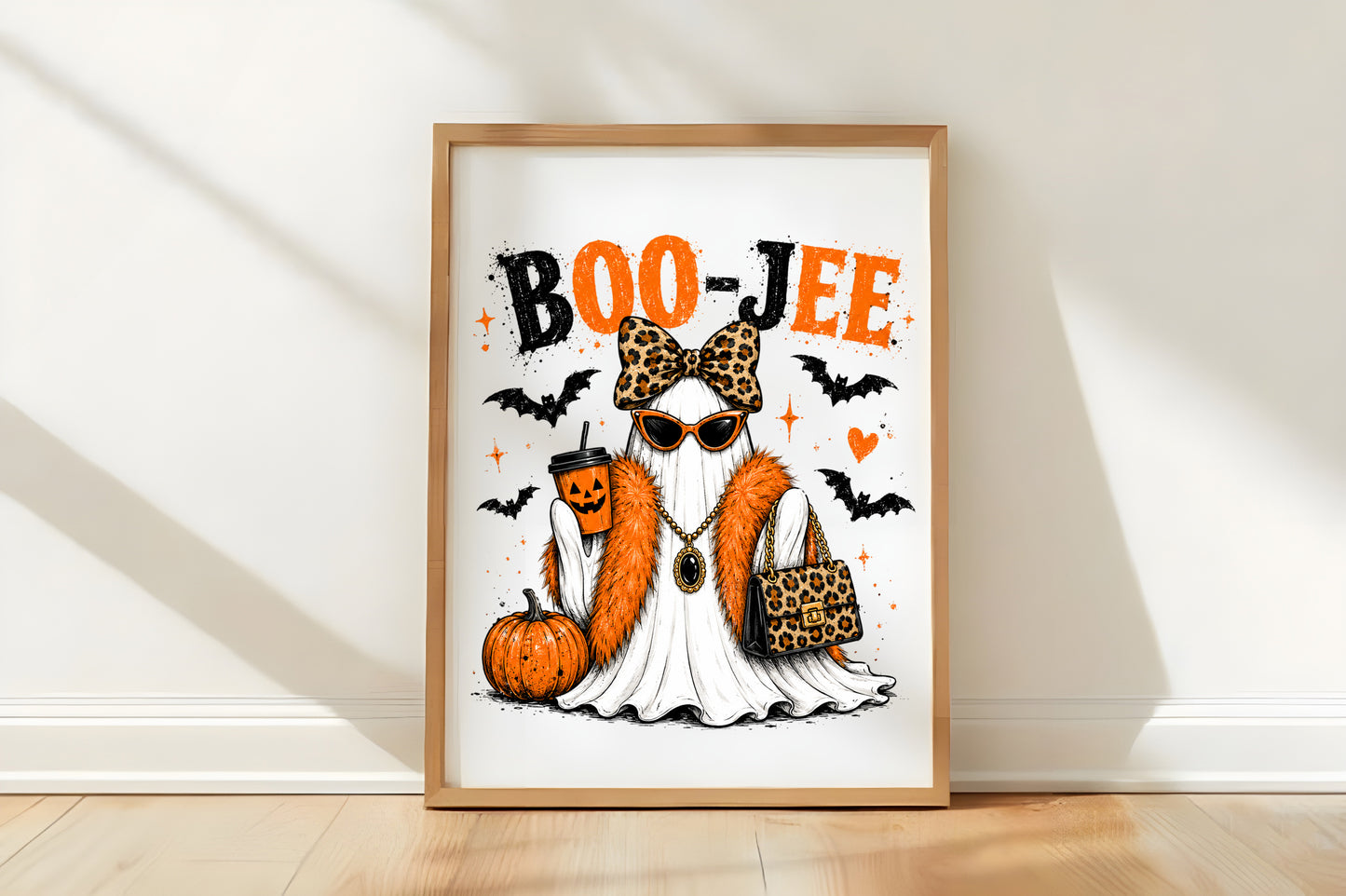 Boo Jee Leopard Ghost PNG | Funny Coquette Halloween Ghost with Leopard Bow & Purse | Spooky Fall Sublimation Design