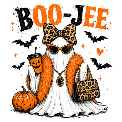 Boo Jee Leopard Ghost PNG | Funny Coquette Halloween Ghost with Leopard Bow & Purse | Spooky Fall Sublimation Design