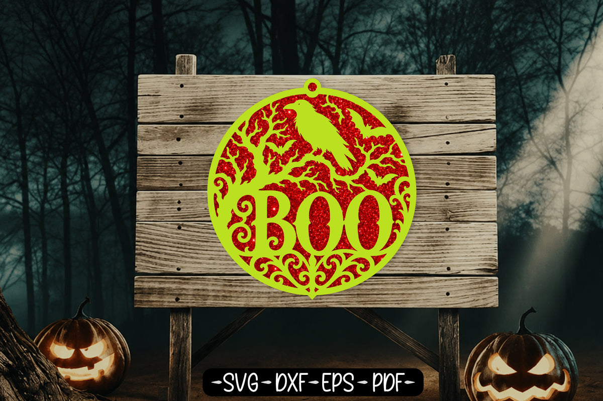 BOO Raven Halloween Ornament Laser Cut SVG Design