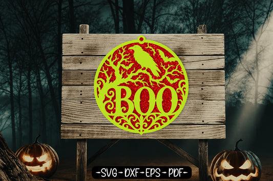 BOO Raven Halloween Ornament Laser Cut SVG Design