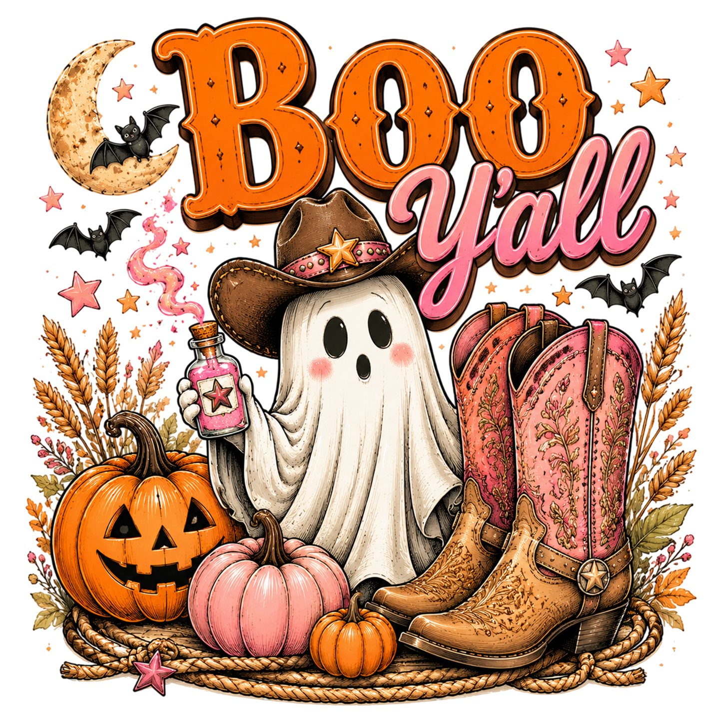 Boo Y'all Cowboy Halloween PNG | Cute Western Ghost Pumpkin Fall Clipart | Spooky Cowgirl Boots Sublimation Design