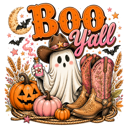 Boo Y'all Cowboy Halloween PNG | Cute Western Ghost Pumpkin Fall Clipart | Spooky Cowgirl Boots Sublimation Design