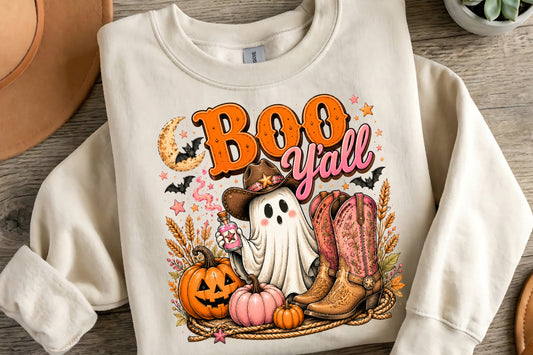 Boo Y'all Cowboy Halloween PNG | Cute Western Ghost Pumpkin Fall Clipart | Spooky Cowgirl Boots Sublimation Design