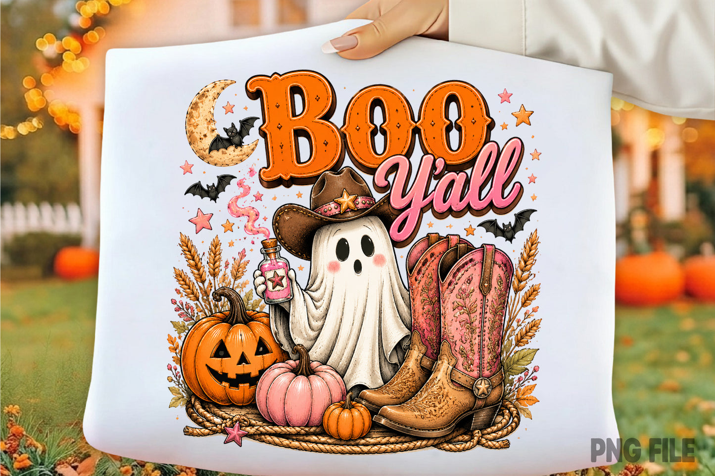 Boo Y'all Cowboy Halloween PNG | Cute Western Ghost Pumpkin Fall Clipart | Spooky Cowgirl Boots Sublimation Design