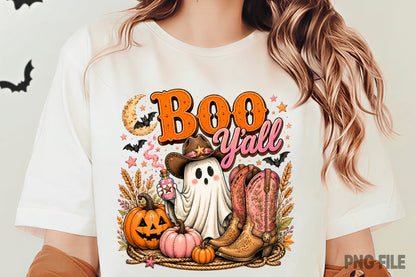 Boo Y'all Cowboy Halloween PNG | Cute Western Ghost Pumpkin Fall Clipart | Spooky Cowgirl Boots Sublimation Design