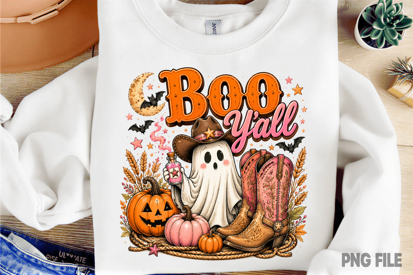 Boo Y'all Cowboy Halloween PNG | Cute Western Ghost Pumpkin Fall Clipart | Spooky Cowgirl Boots Sublimation Design