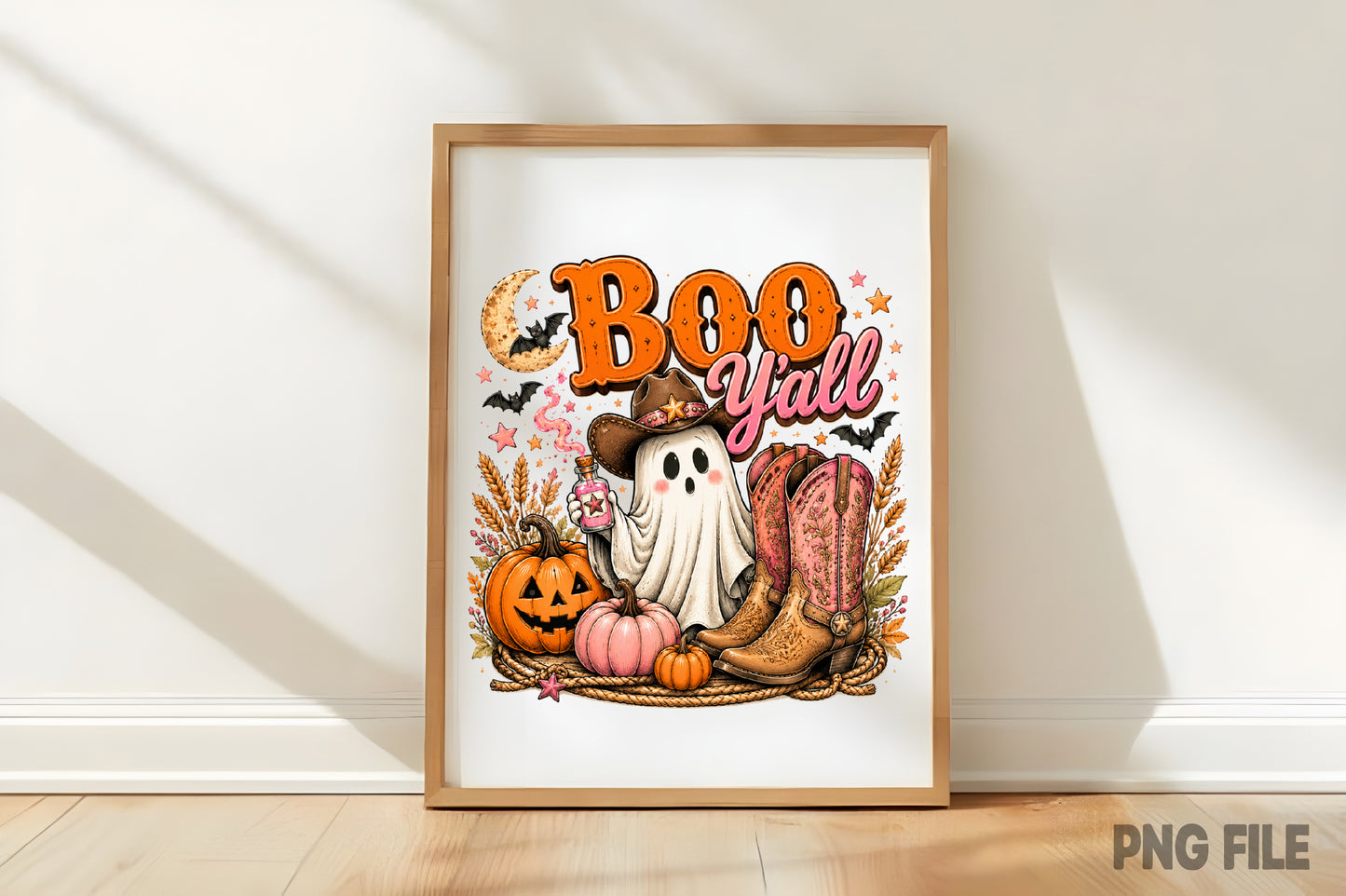 Boo Y'all Cowboy Halloween PNG | Cute Western Ghost Pumpkin Fall Clipart | Spooky Cowgirl Boots Sublimation Design