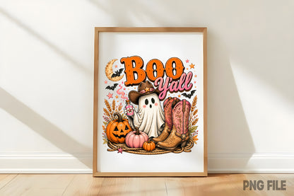 Boo Y'all Cowboy Halloween PNG | Cute Western Ghost Pumpkin Fall Clipart | Spooky Cowgirl Boots Sublimation Design