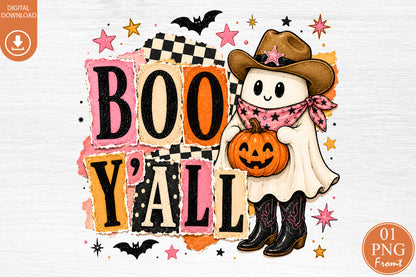 Boo Y’all Halloween PNG Cute Cowboy Ghost Pumpkin Sublimation Design