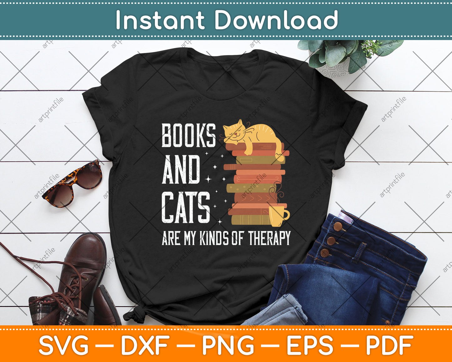 Books And Cats Are My Kinds Of Therapy Svg Digital Cutting File