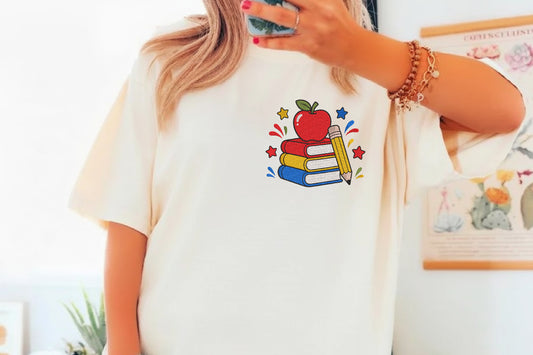 Books Apple Pencil Embroidery Design – Cute Book & Apple Pencil Machine Embroidery Pattern, Reading and Teacher Embroidery Design