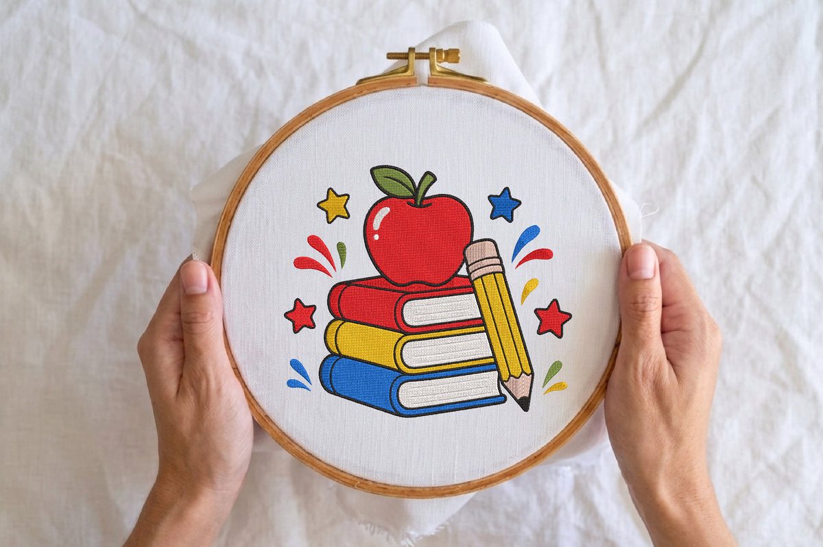 Books Apple Pencil Embroidery Design – Cute Book & Apple Pencil Machine Embroidery Pattern, Reading and Teacher Embroidery Design