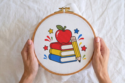 Books Apple Pencil Embroidery Design – Cute Book & Apple Pencil Machine Embroidery Pattern, Reading and Teacher Embroidery Design
