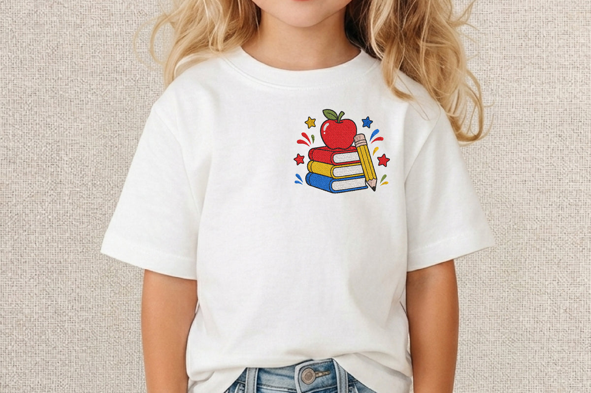 Books Apple Pencil Embroidery Design – Cute Book & Apple Pencil Machine Embroidery Pattern, Reading and Teacher Embroidery Design