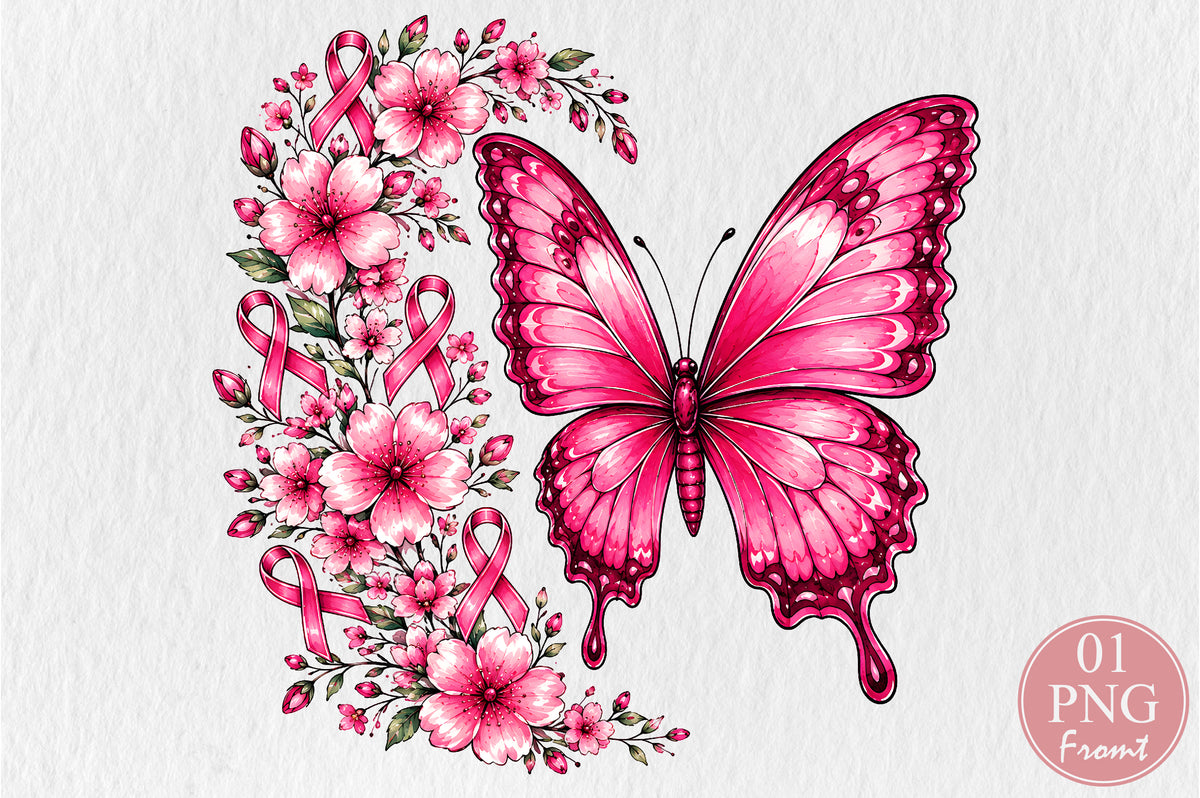 Breast Cancer Awareness Pink Butterfly PNG Floral Ribbon Design