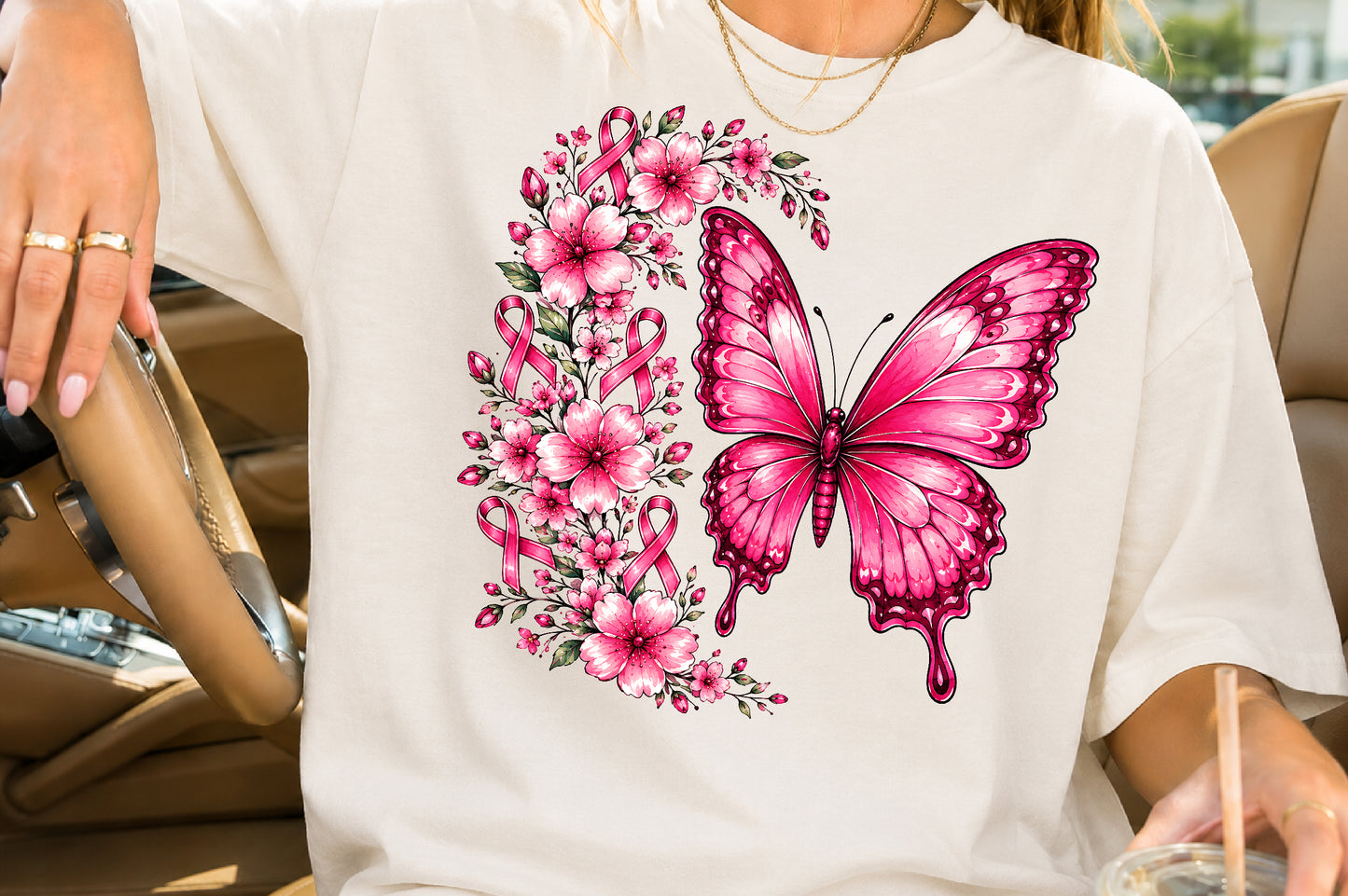Breast Cancer Awareness Pink Butterfly PNG Floral Ribbon Design