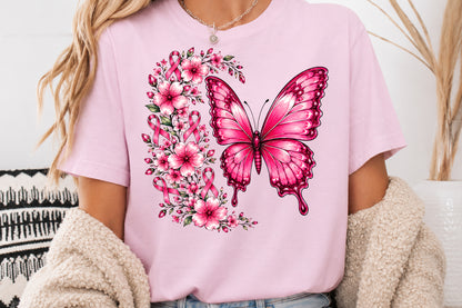 Breast Cancer Awareness Pink Butterfly PNG Floral Ribbon Design