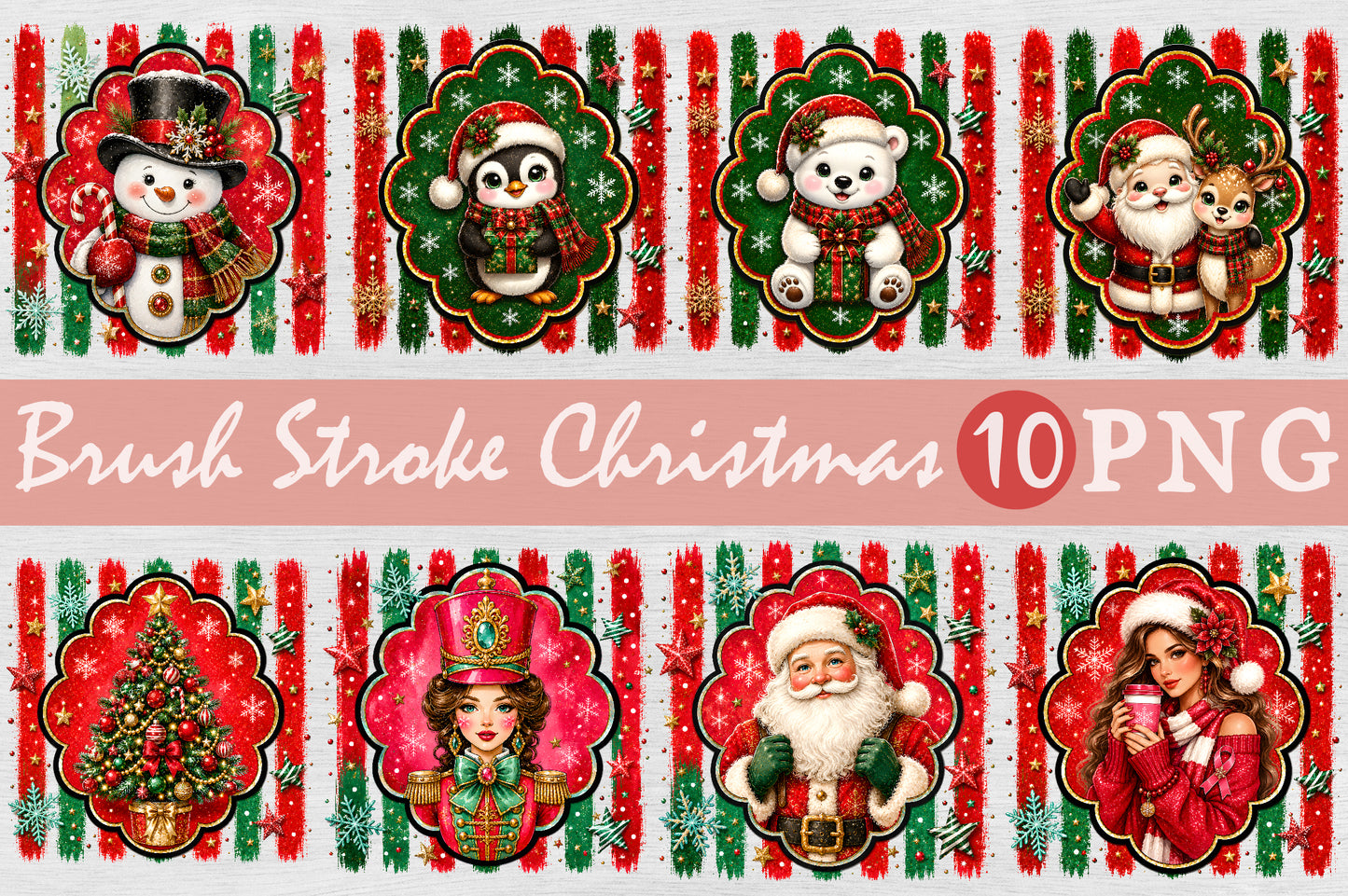 Brush Stroke Christmas Sublimation Bundle PNG Santa Snowman Holiday Designs