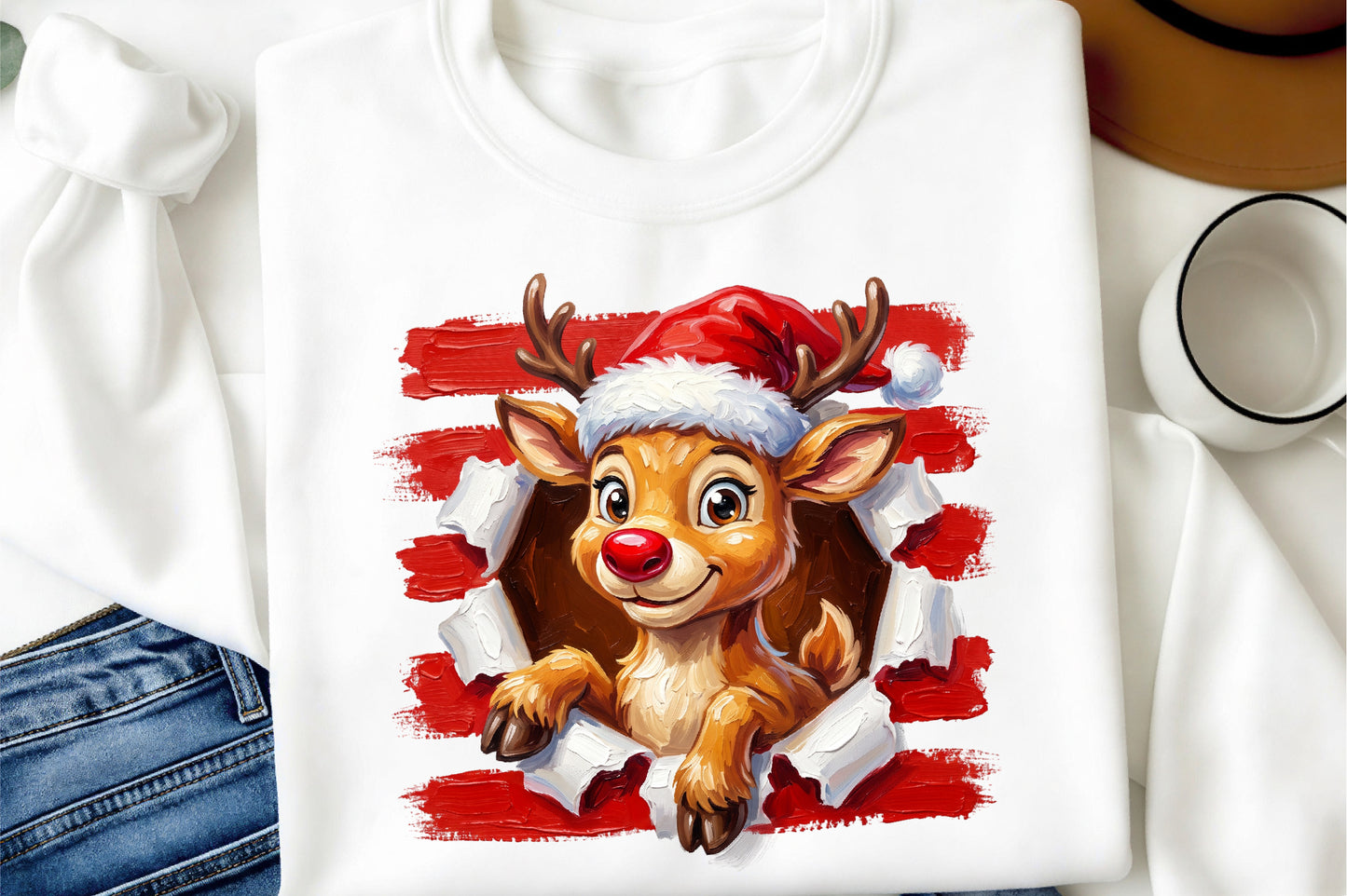 Funny Christmas Reindeer PNG Cute Rudolph Santa Hat Holiday Clipart