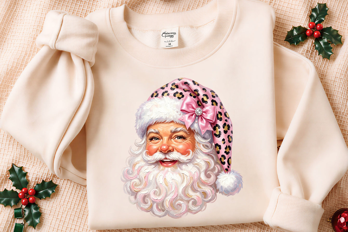 Pink Leopard Santa Claus PNG Cute Coquette Christmas Holiday Clipart