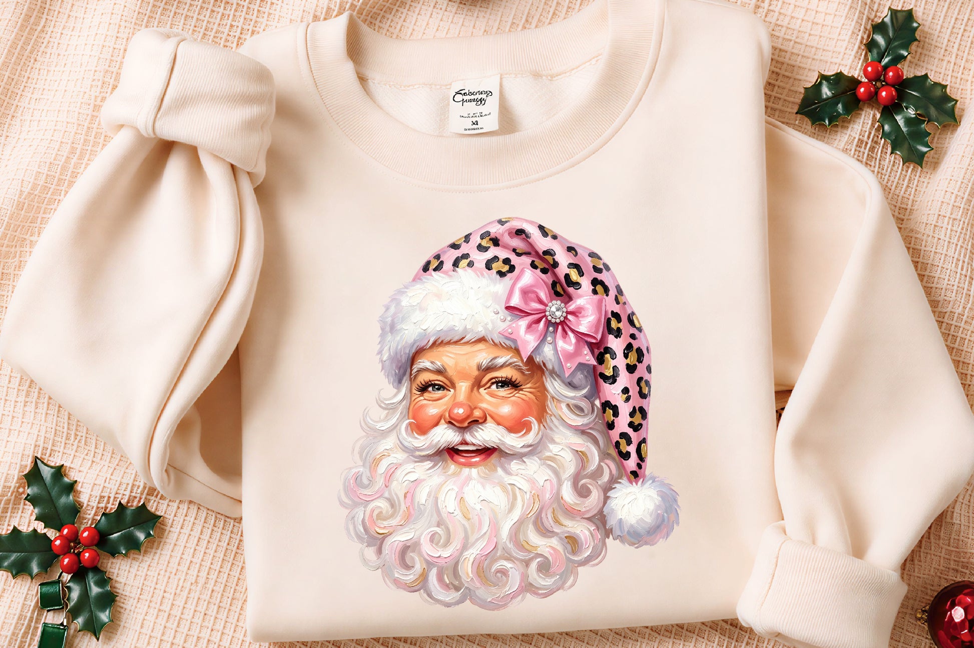 Pink Leopard Santa Claus PNG Cute Coquette Christmas Holiday Clipart