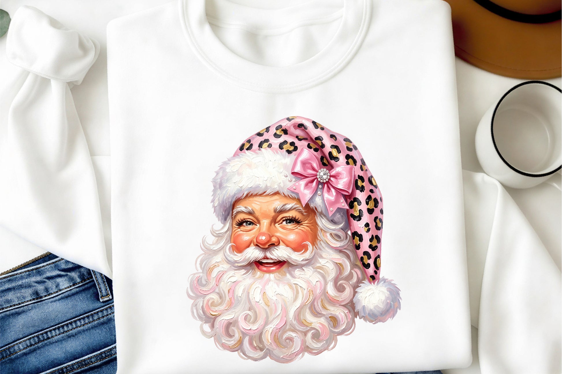 Pink Leopard Santa Claus PNG Cute Coquette Christmas Holiday Clipart