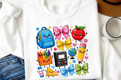 Coquette Back to School PNG Cute School Supplies Pencil Apple Bow Sublimation
